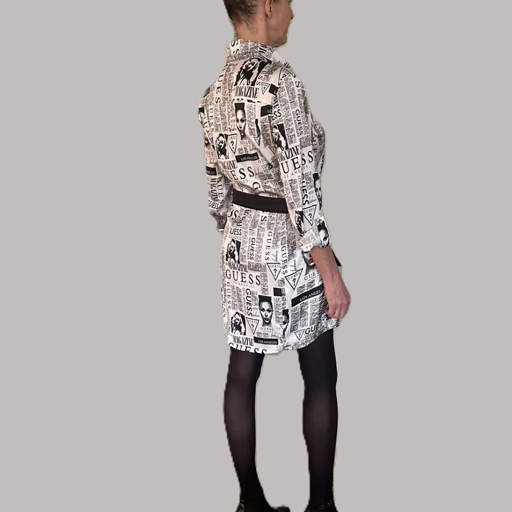 Guess Brand Size XL Shirt Dress Newspaper Print Fashion Theme Black, white, red